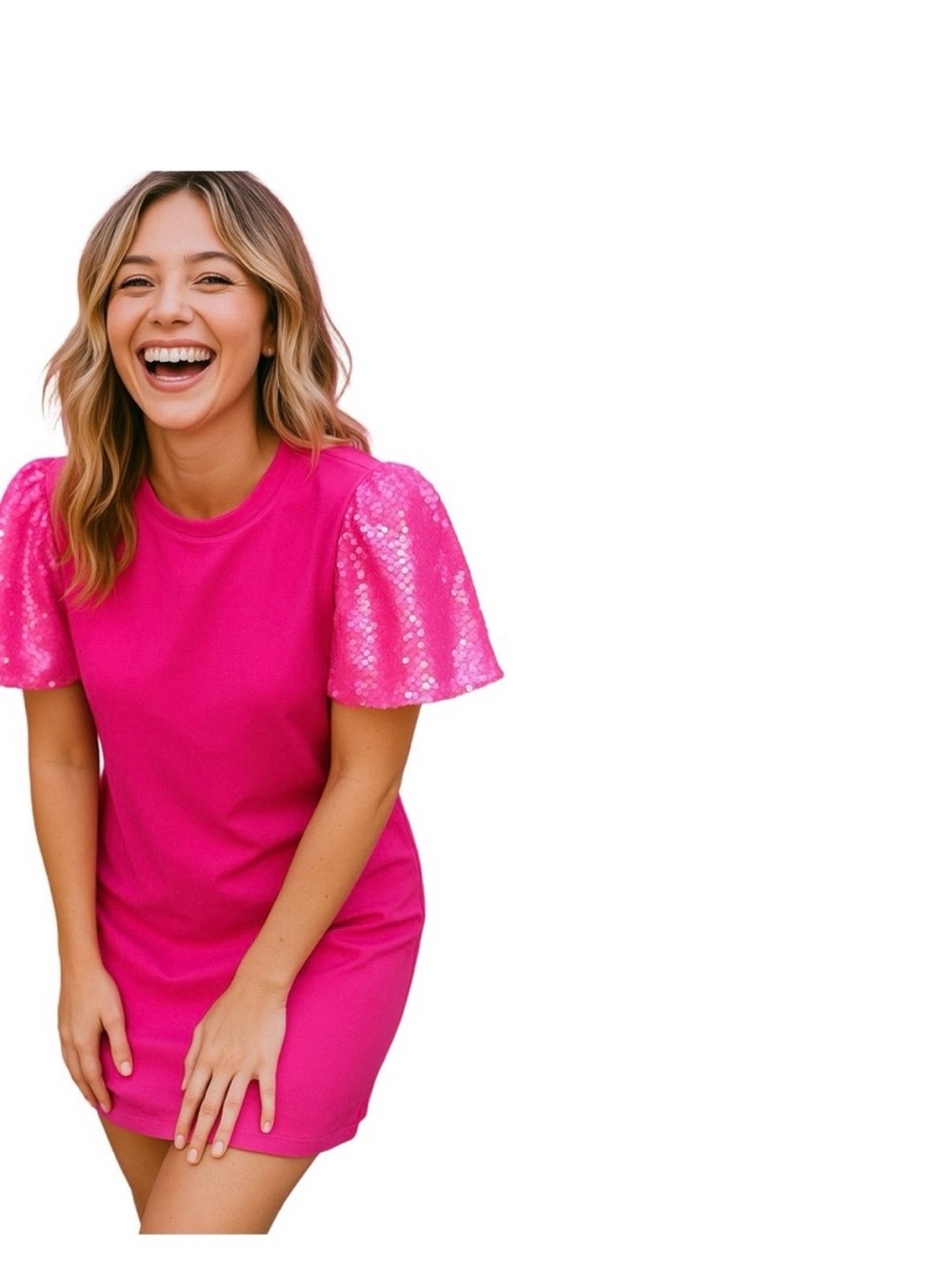 Strut & Bolt Hot Pink Sequin Puff Sleeve Tee Dress NWT Medium